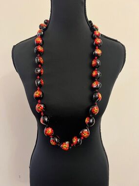 Vintage Hand Painted Black Bead Necklace with Red Floral Accents